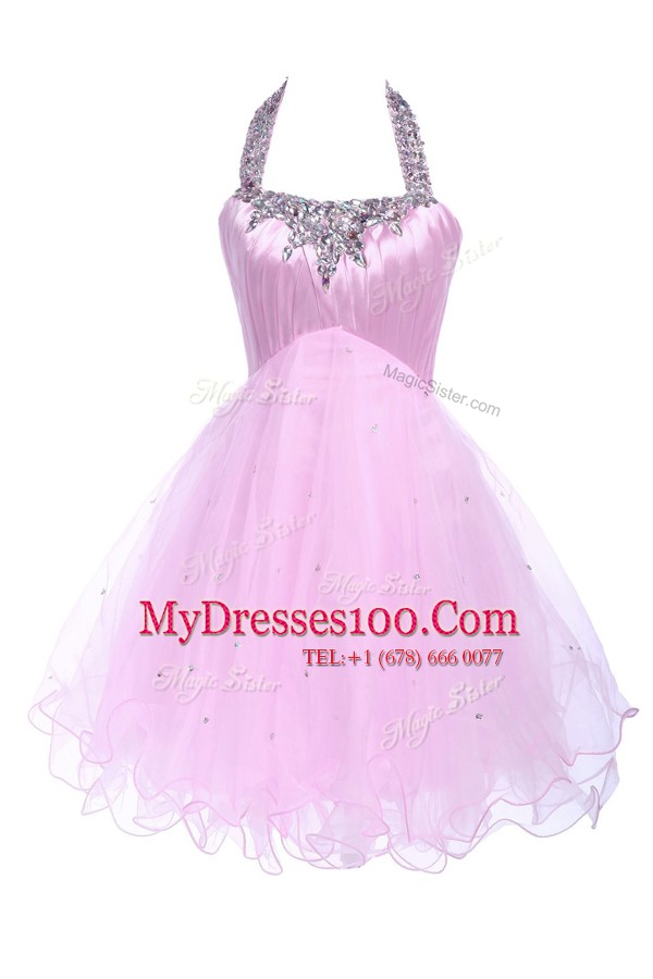 Shining Halter Top Lilac Tulle Lace Up Evening Wear Sleeveless Knee Length Beading