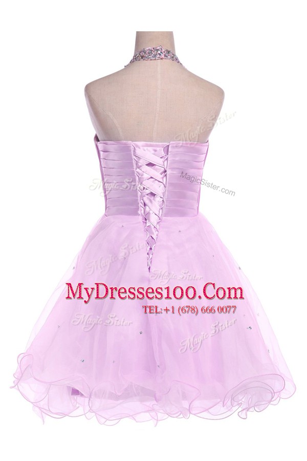 Shining Halter Top Lilac Tulle Lace Up Evening Wear Sleeveless Knee Length Beading