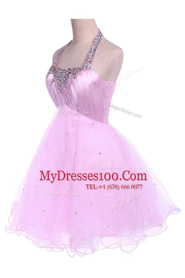 Shining Halter Top Lilac Tulle Lace Up Evening Wear Sleeveless Knee Length Beading