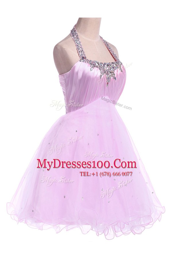 Shining Halter Top Lilac Tulle Lace Up Evening Wear Sleeveless Knee Length Beading