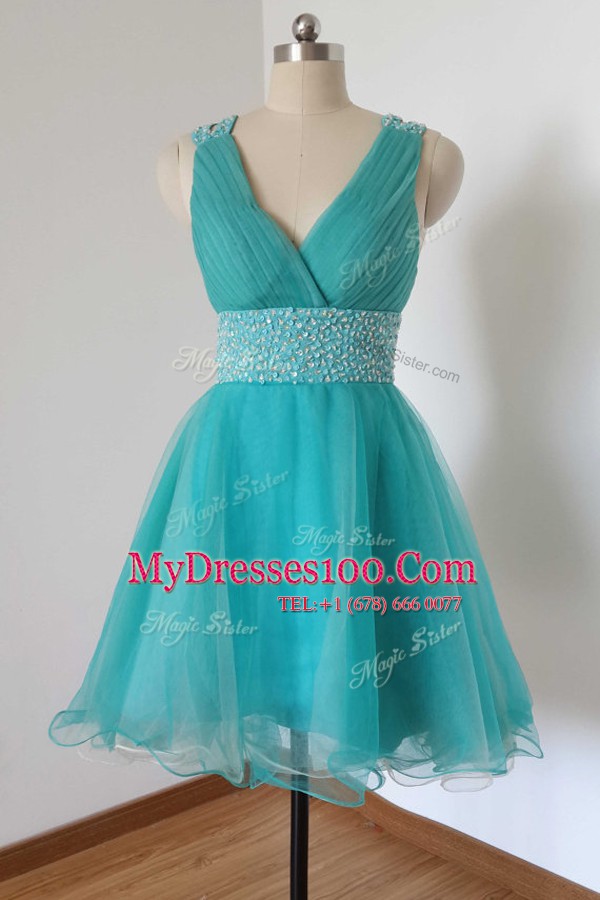 Aqua Blue V-neck Criss Cross Beading Prom Dress Sleeveless
