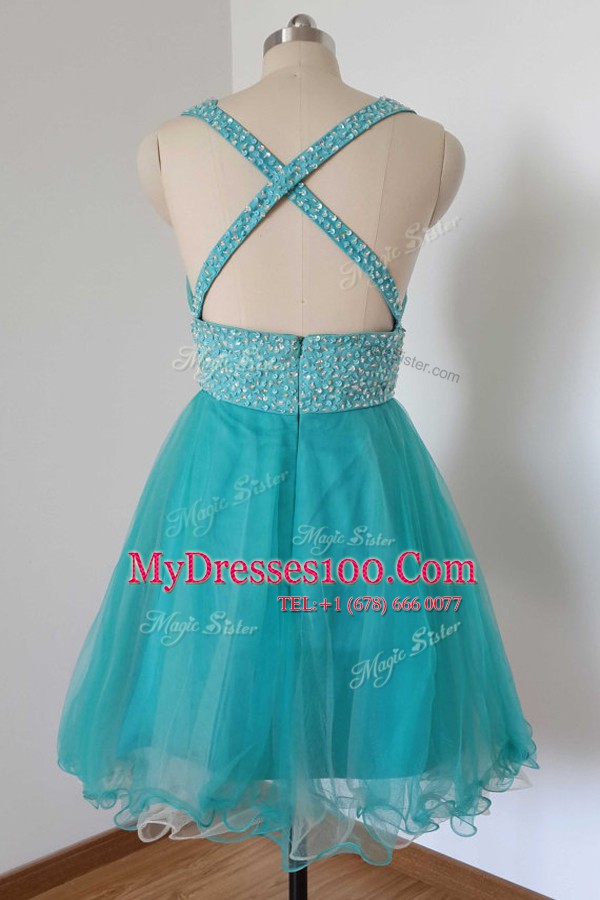 Aqua Blue V-neck Criss Cross Beading Prom Dress Sleeveless