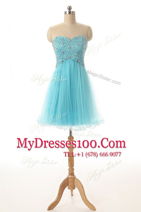 Aqua Blue A-line Beading Cocktail Dress Lace Up Tulle Sleeveless Knee Length