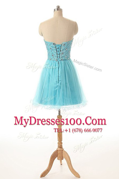 Aqua Blue A-line Beading Cocktail Dress Lace Up Tulle Sleeveless Knee Length
