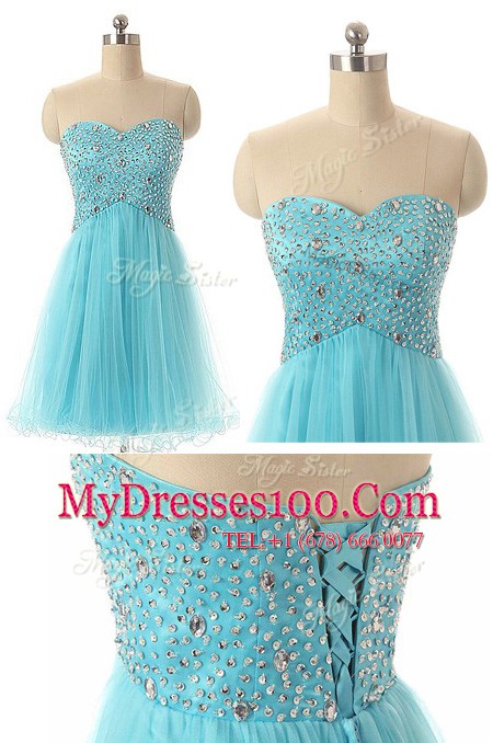 Aqua Blue A-line Beading Cocktail Dress Lace Up Tulle Sleeveless Knee Length