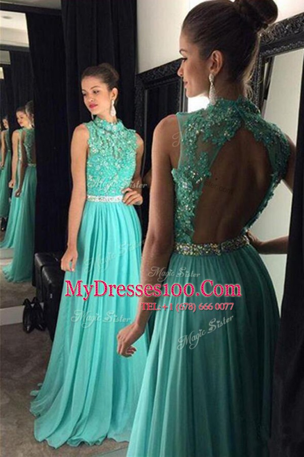 Traditional Scoop Turquoise Sleeveless Floor Length Beading and Lace Backless Prom Evening Gown