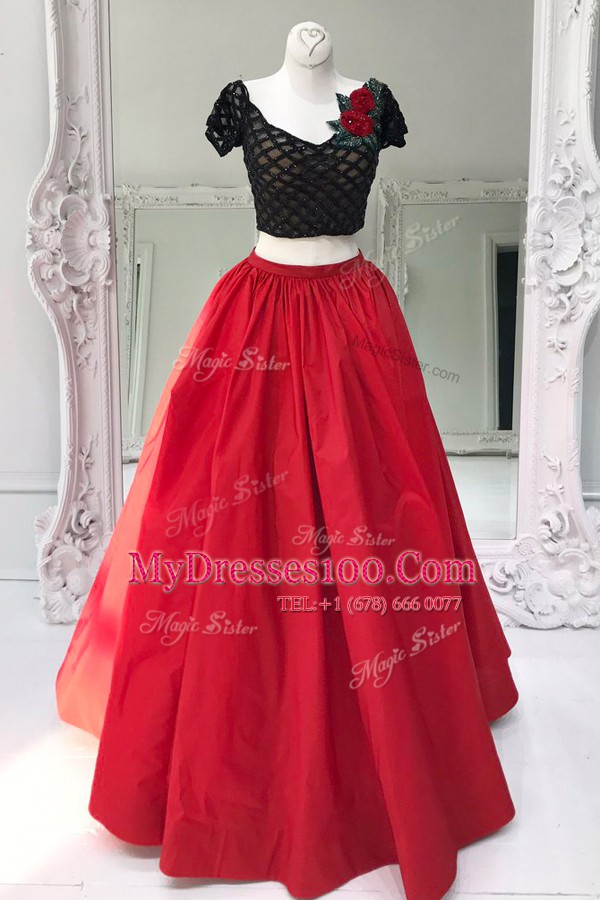 Red Organza Zipper V-neck Short Sleeves Floor Length Prom Dress Beading and Ruffles
