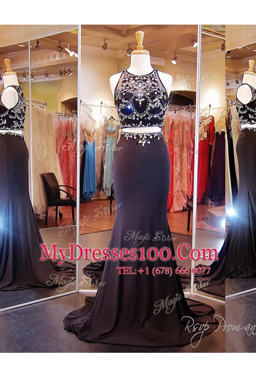 Chic Scoop Beading and Appliques Prom Gown Black Zipper Sleeveless With Brush Train