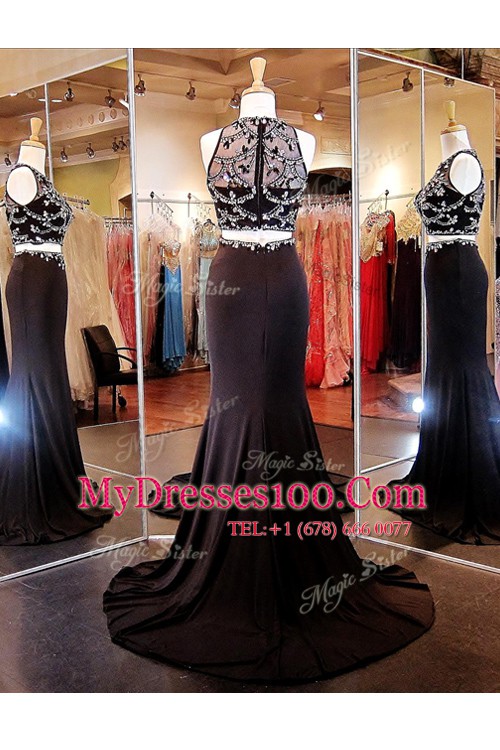 Chic Scoop Beading and Appliques Prom Gown Black Zipper Sleeveless With Brush Train