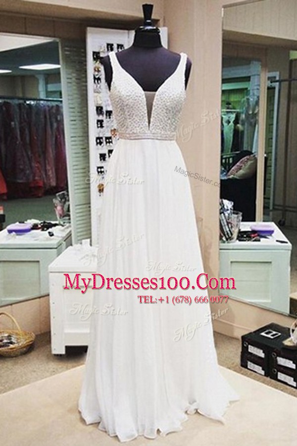 Pretty White Sleeveless Beading Floor Length Prom Gown