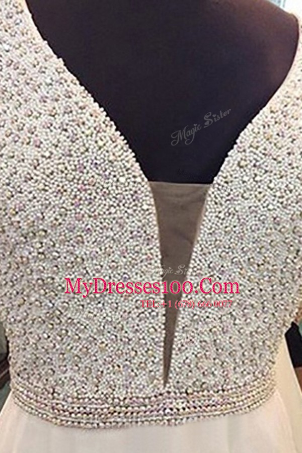Pretty White Sleeveless Beading Floor Length Prom Gown