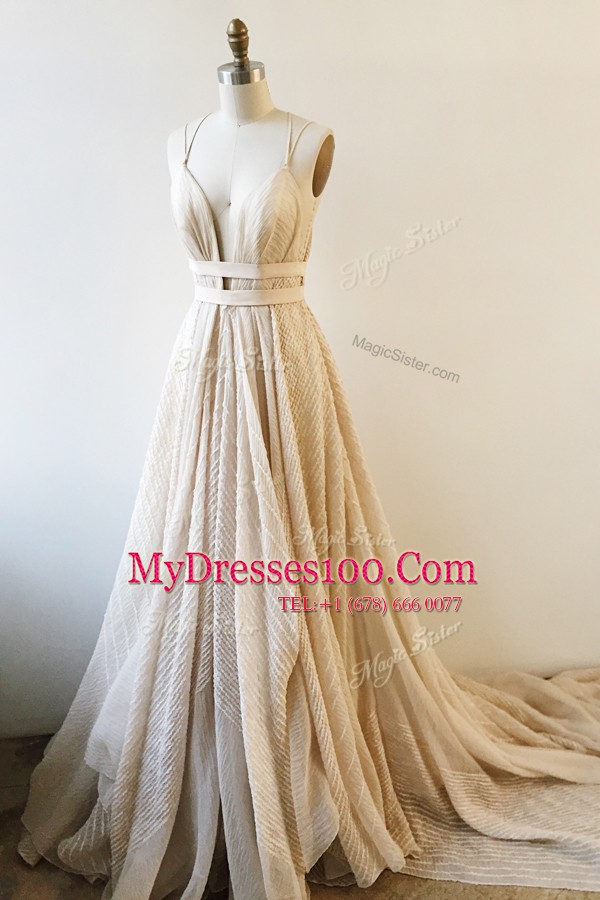 Champagne Prom Party Dress Prom and For with Lace and Sashes ribbons V-neck Sleeveless Court Train Backless