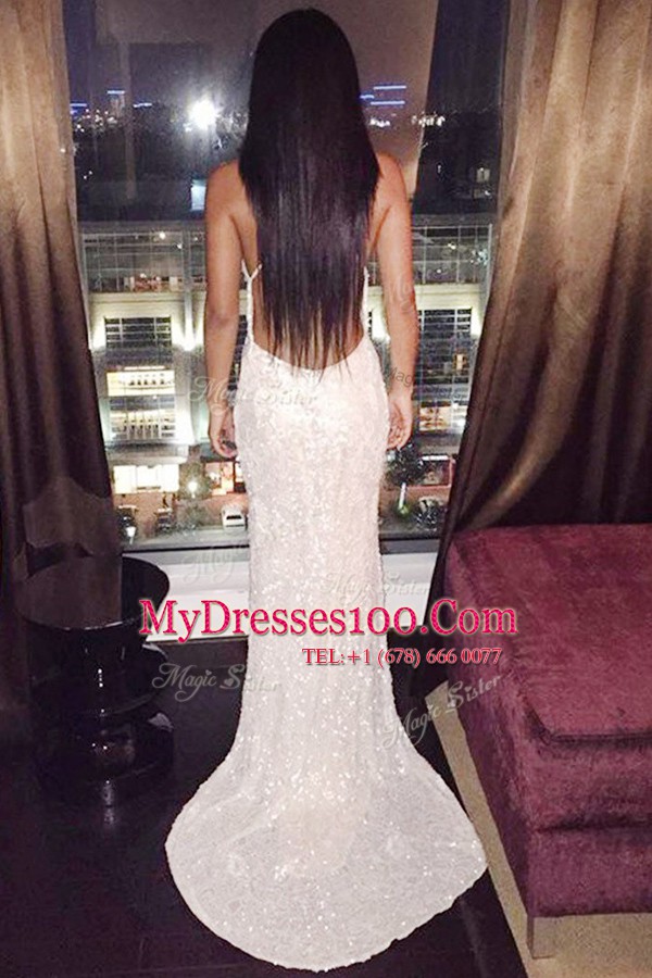 Exquisite Mermaid Sequins V-neck Sleeveless Sweep Train Criss Cross Womens Evening Dresses White Sequined