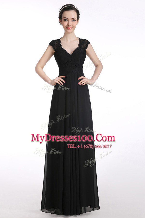 Most Popular A-line Mother Of The Bride Dress Black V-neck Chiffon Cap Sleeves Floor Length Zipper