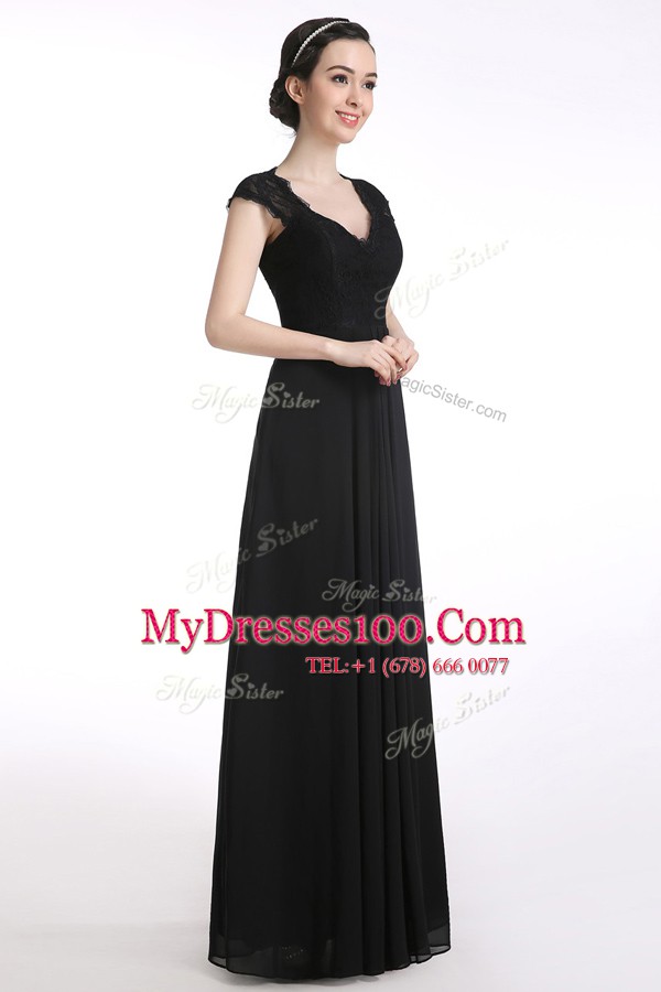 Most Popular A-line Mother Of The Bride Dress Black V-neck Chiffon Cap Sleeves Floor Length Zipper