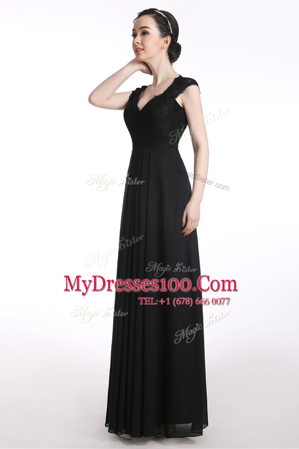 Most Popular A-line Mother Of The Bride Dress Black V-neck Chiffon Cap Sleeves Floor Length Zipper
