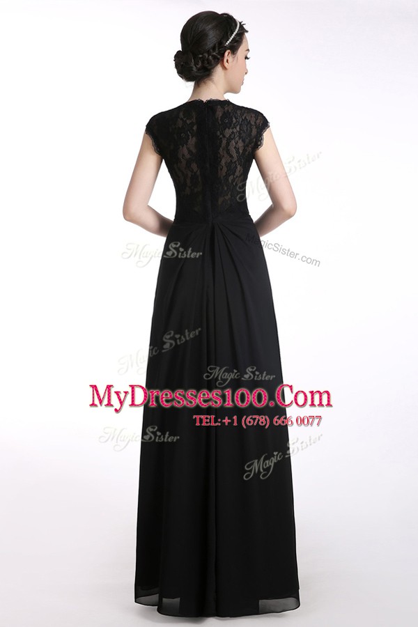 Most Popular A-line Mother Of The Bride Dress Black V-neck Chiffon Cap Sleeves Floor Length Zipper