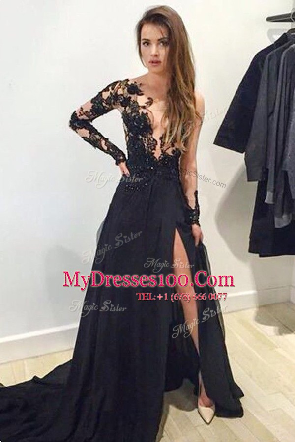 Tulle Long Sleeves Dress for Prom Brush Train and Lace and Appliques