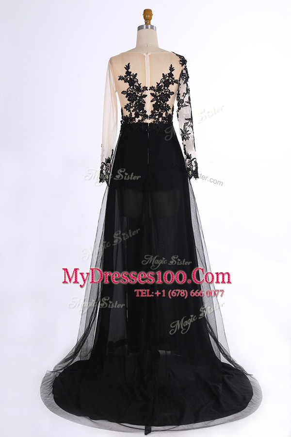 Tulle Long Sleeves Dress for Prom Brush Train and Lace and Appliques