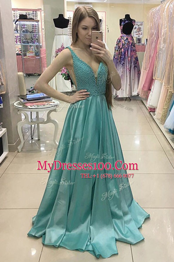 With Train Green Evening Dress V-neck Sleeveless Sweep Train Zipper