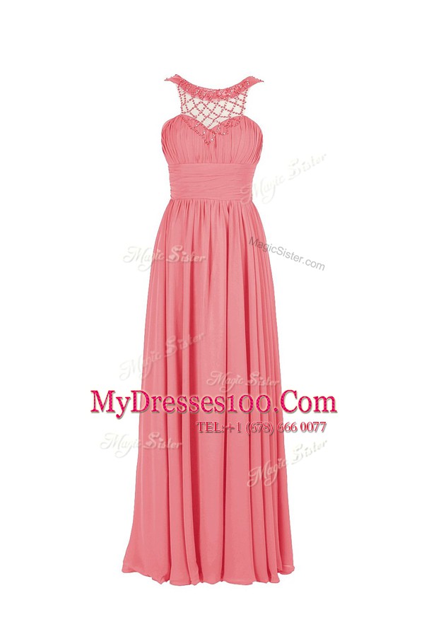 Stylish Watermelon Red Scoop Neckline Beading Prom Gown Sleeveless Zipper