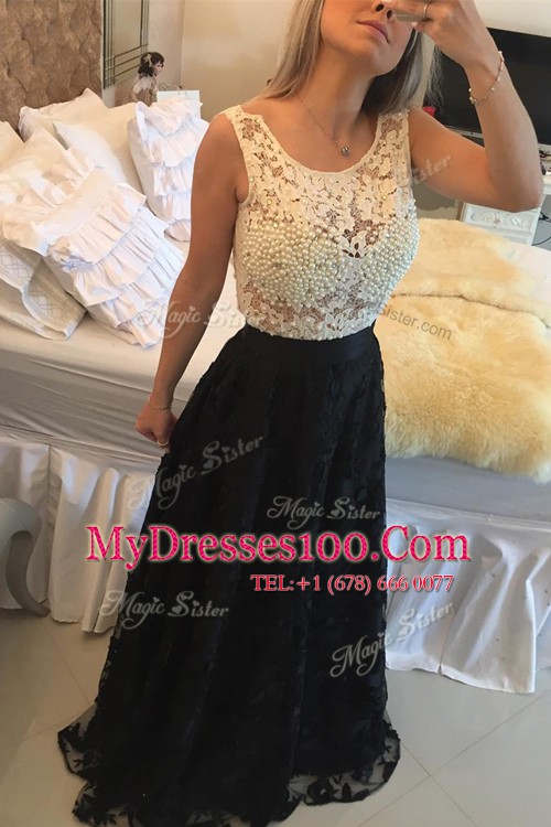 Scoop Sleeveless Side Zipper Floor Length Beading and Lace Dress for Prom