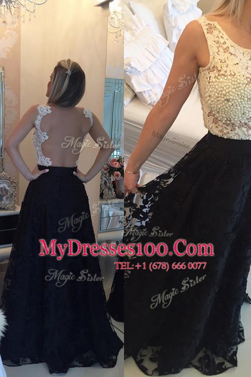 Scoop Sleeveless Side Zipper Floor Length Beading and Lace Dress for Prom
