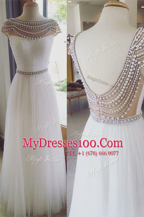 Exceptional Column/Sheath Dress for Prom White Bateau Tulle Cap Sleeves Floor Length Zipper