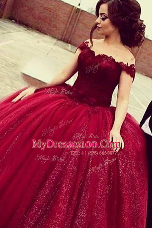 Modern Wine Red Zipper Off The Shoulder Lace Military Ball Dresses Sequined Short Sleeves