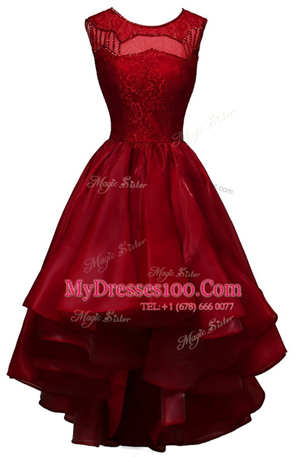 Wine Red Zipper Bateau Beading Prom Party Dress Organza Sleeveless