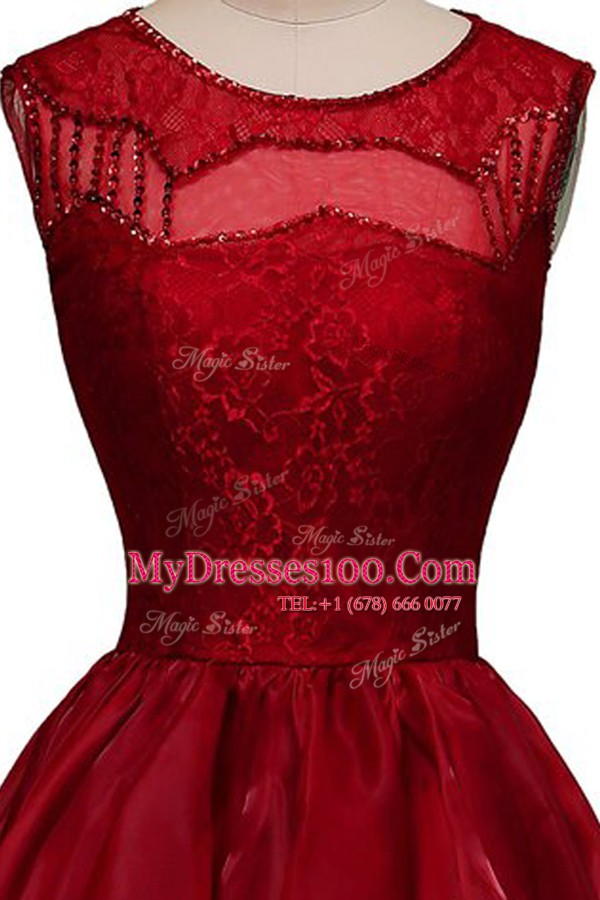 Wine Red Zipper Bateau Beading Prom Party Dress Organza Sleeveless