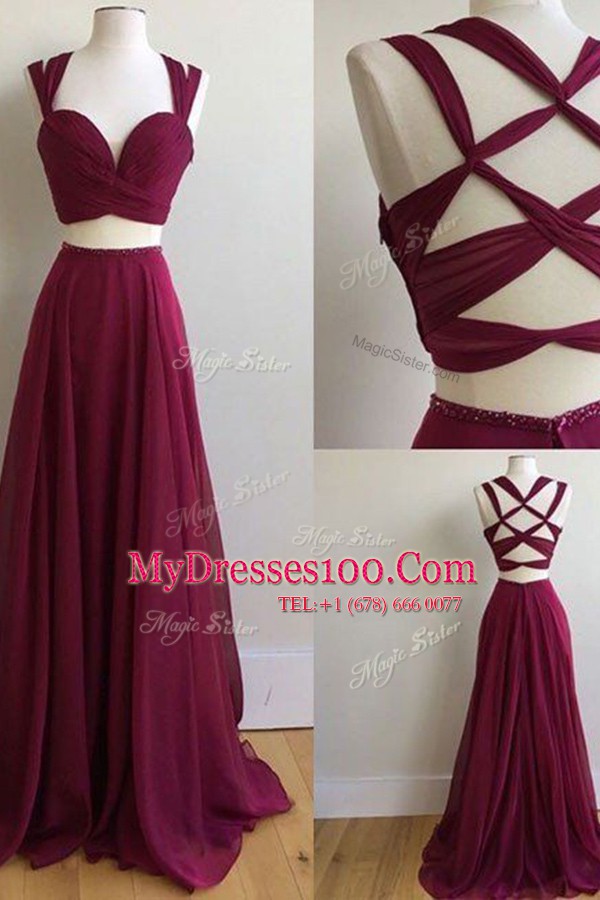 With Train A-line Sleeveless Burgundy Prom Dresses Sweep Train Criss Cross
