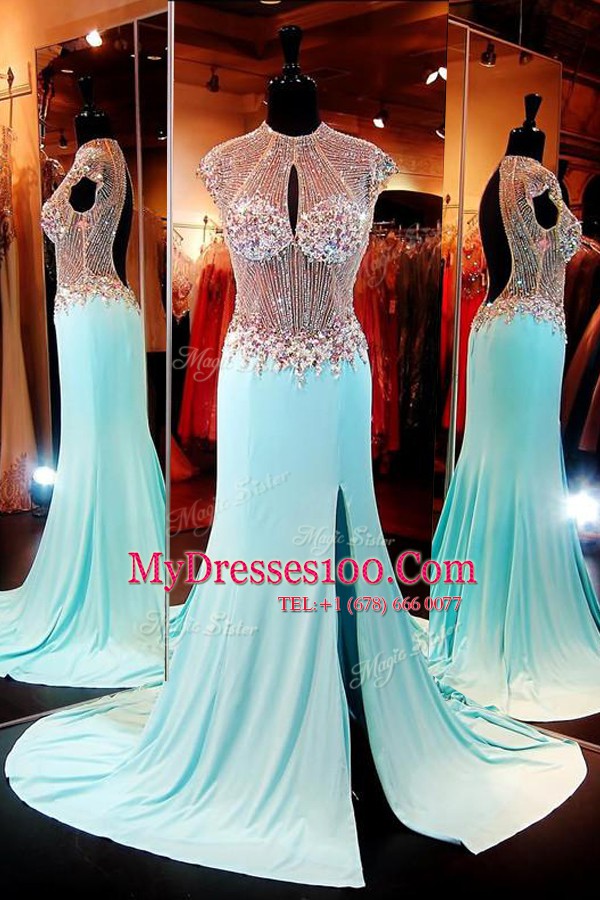 Adorable Aqua Blue Cap Sleeves Chiffon Sweep Train Backless Womens Evening Dresses for Prom and Party