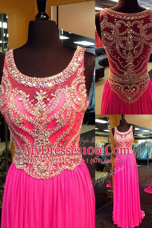 Scoop Hot Pink Sleeveless Elastic Woven Satin Brush Train Side Zipper Dress for Prom for Prom and Party