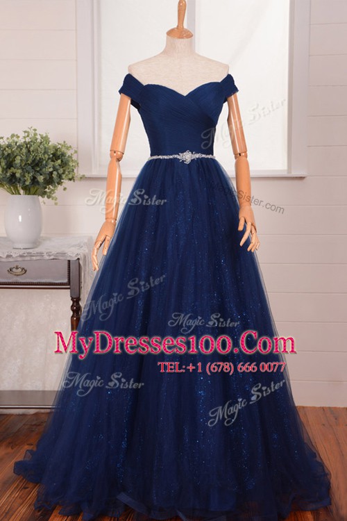 Off the Shoulder With Train Navy Blue Organza Brush Train Sleeveless Belt