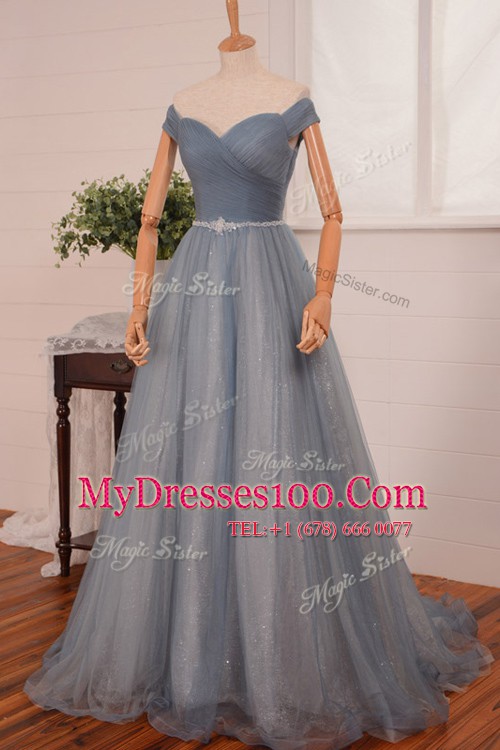 Off the Shoulder With Train Navy Blue Organza Brush Train Sleeveless Belt