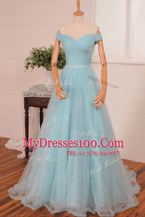 Off the Shoulder With Train Navy Blue Organza Brush Train Sleeveless Belt