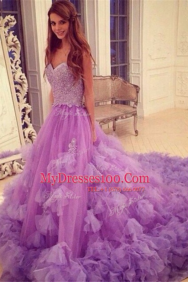 Lavender Tulle Backless Sweetheart Sleeveless With Train Evening Gowns Court Train Beading and Hand Made Flower