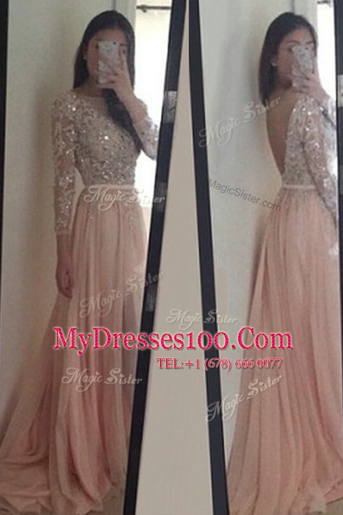 Super Scoop Peach Chiffon Backless Evening Dress 3 4 Length Sleeve With Brush Train Beading and Ruching
