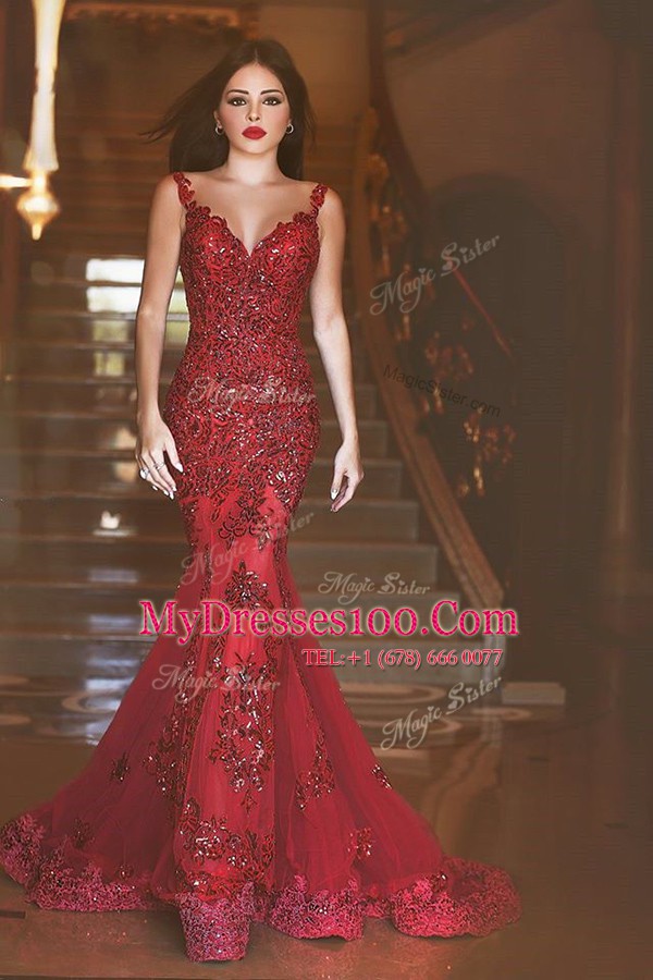 Captivating Mermaid Red Tulle Backless Spaghetti Straps Sleeveless With Train Prom Evening Gown Sweep Train Appliques and Sequins