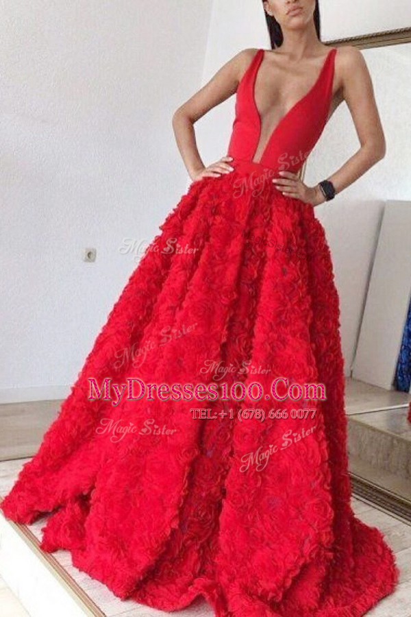 V-neck Sleeveless Satin Homecoming Dress Appliques Brush Train Zipper