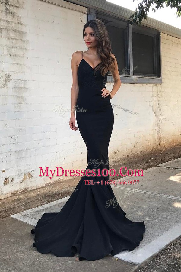 Sweep Train Mermaid Dress for Prom Black Spaghetti Straps Elastic Woven Satin Sleeveless With Train Zipper