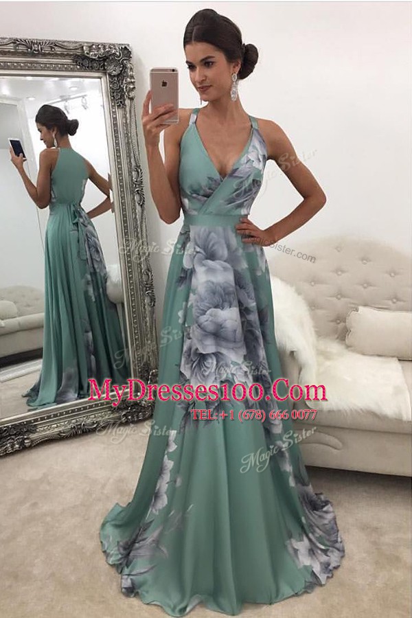 Traditional Printed Sleeveless Sweep Train Zipper With Train Pattern Prom Party Dress