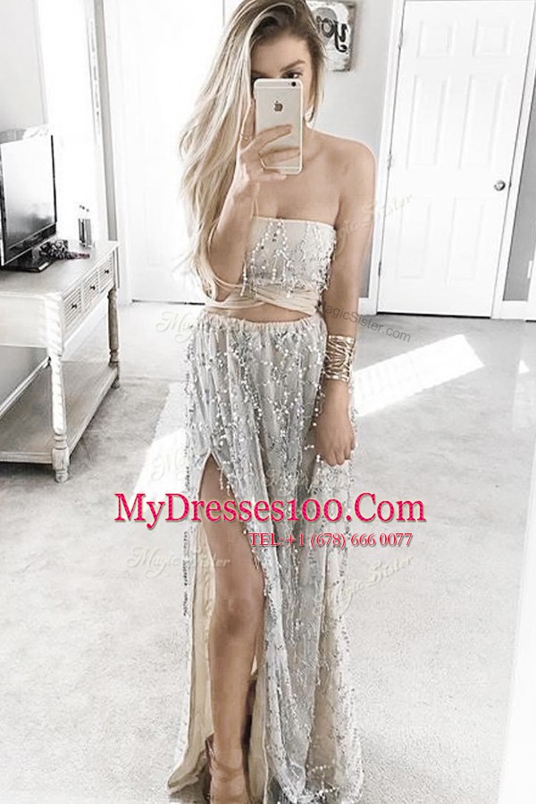 Custom Fit With Train Lace Up Dress for Prom Grey for Prom with Beading Sweep Train
