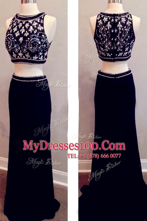 With Train Black Formal Evening Gowns Scoop Sleeveless Brush Train Zipper