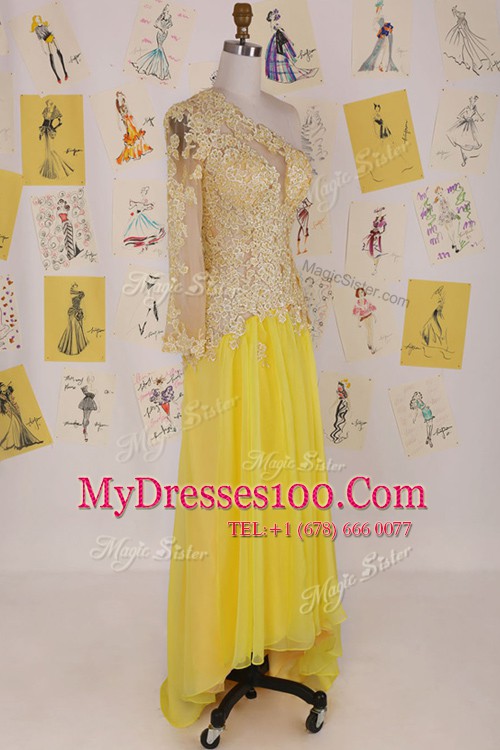 Organza One Shoulder Sleeveless Side Zipper Appliques Homecoming Gowns in Yellow