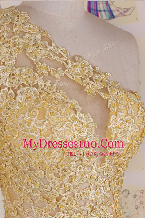 Organza One Shoulder Sleeveless Side Zipper Appliques Homecoming Gowns in Yellow