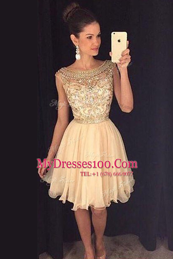 New Style Cap Sleeves Tulle Mini Length Zipper Going Out Dresses in Champagne with Beading