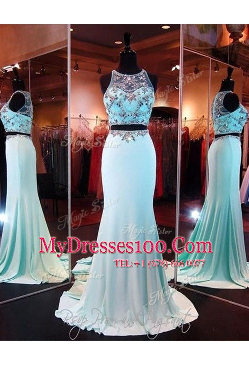 Dynamic With Train Baby Blue Dress for Prom Scoop Sleeveless Brush Train Zipper