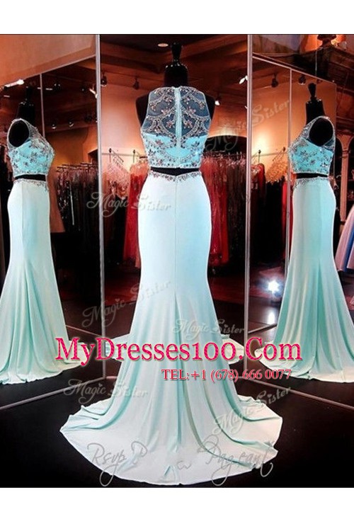 Dynamic With Train Baby Blue Dress for Prom Scoop Sleeveless Brush Train Zipper